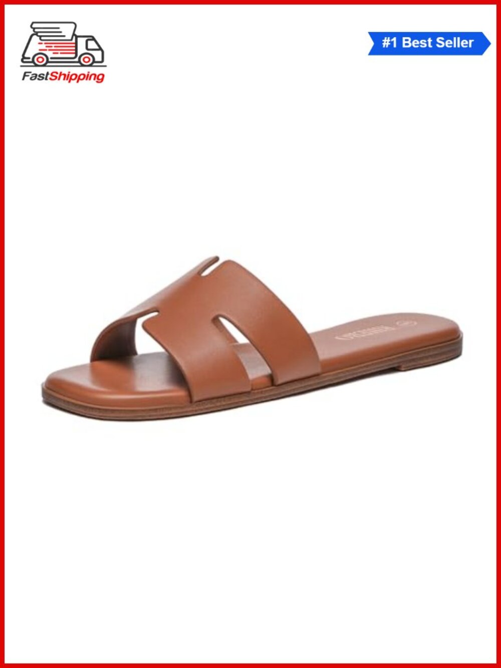 Rihero Women's Flat Slide Sandals Slip On PU Leather Comfortable Square Toe